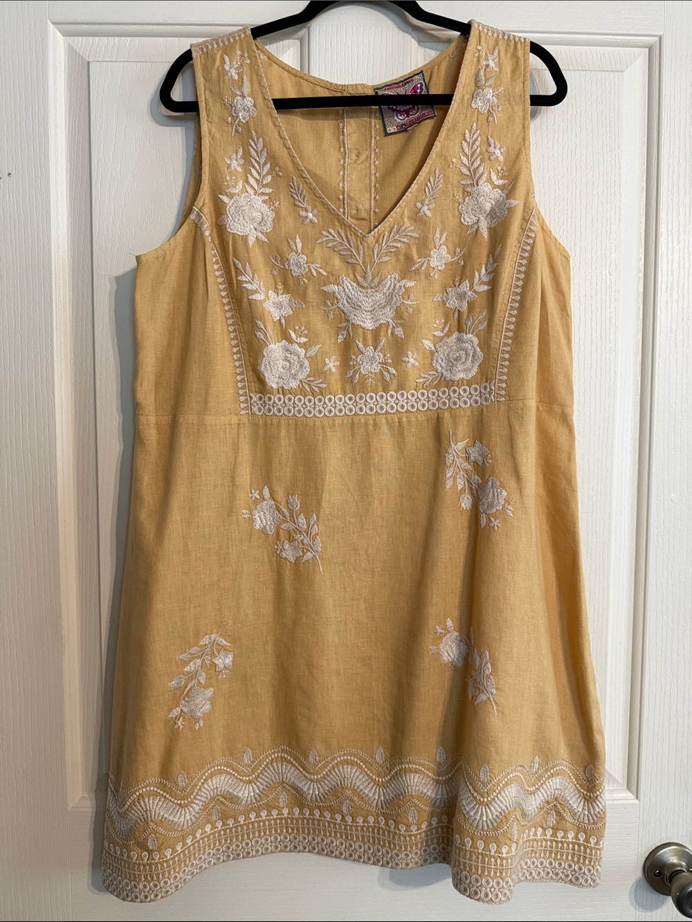 Johnny Was Yellow Embroidered Linen Midi Dress XL
